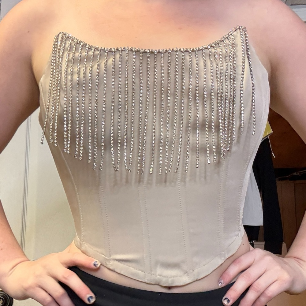 Lumiere Nude Beige Strapless Corset Top with Silver Rhinestone Fringe NEW Small